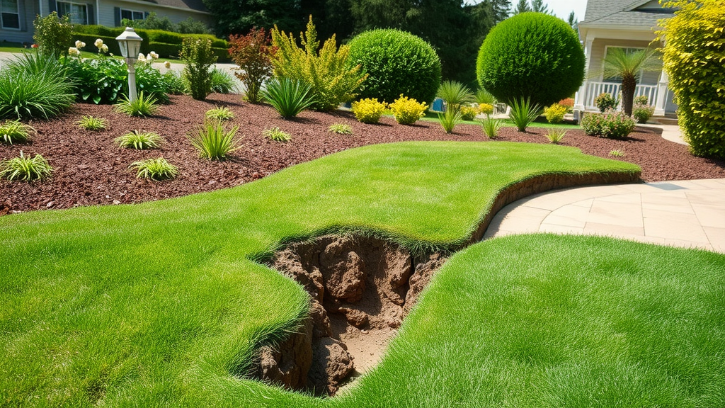 Large trench dug through green front lawn for sewer pipe replacement, showing major landscape disruption compared to trenchless pipe relining.